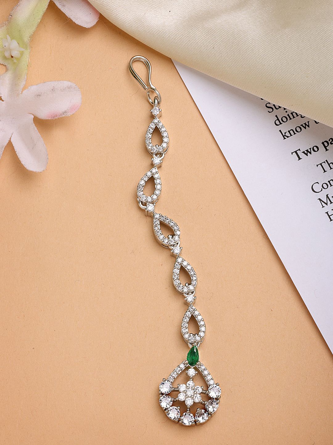 

ZENEME Rhodium Plated Cascade American Diamond Crystal Mangtikka, Silver