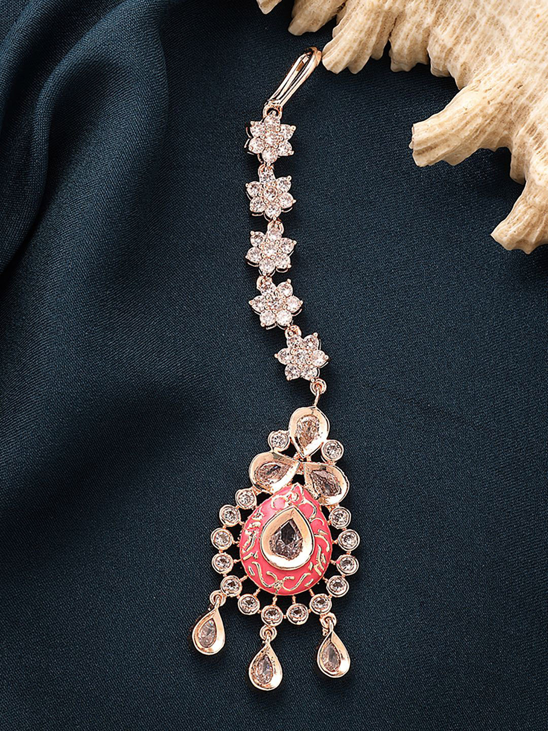 

ZENEME Rose Gold-Plated American Diamond Studded Tear Drop Maang Tikka