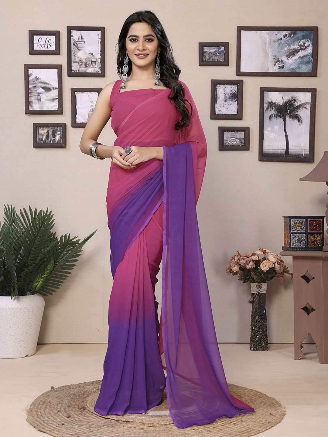 

Mitera Colourblocked Poly Georgette Ready to Wear Saree, Pink