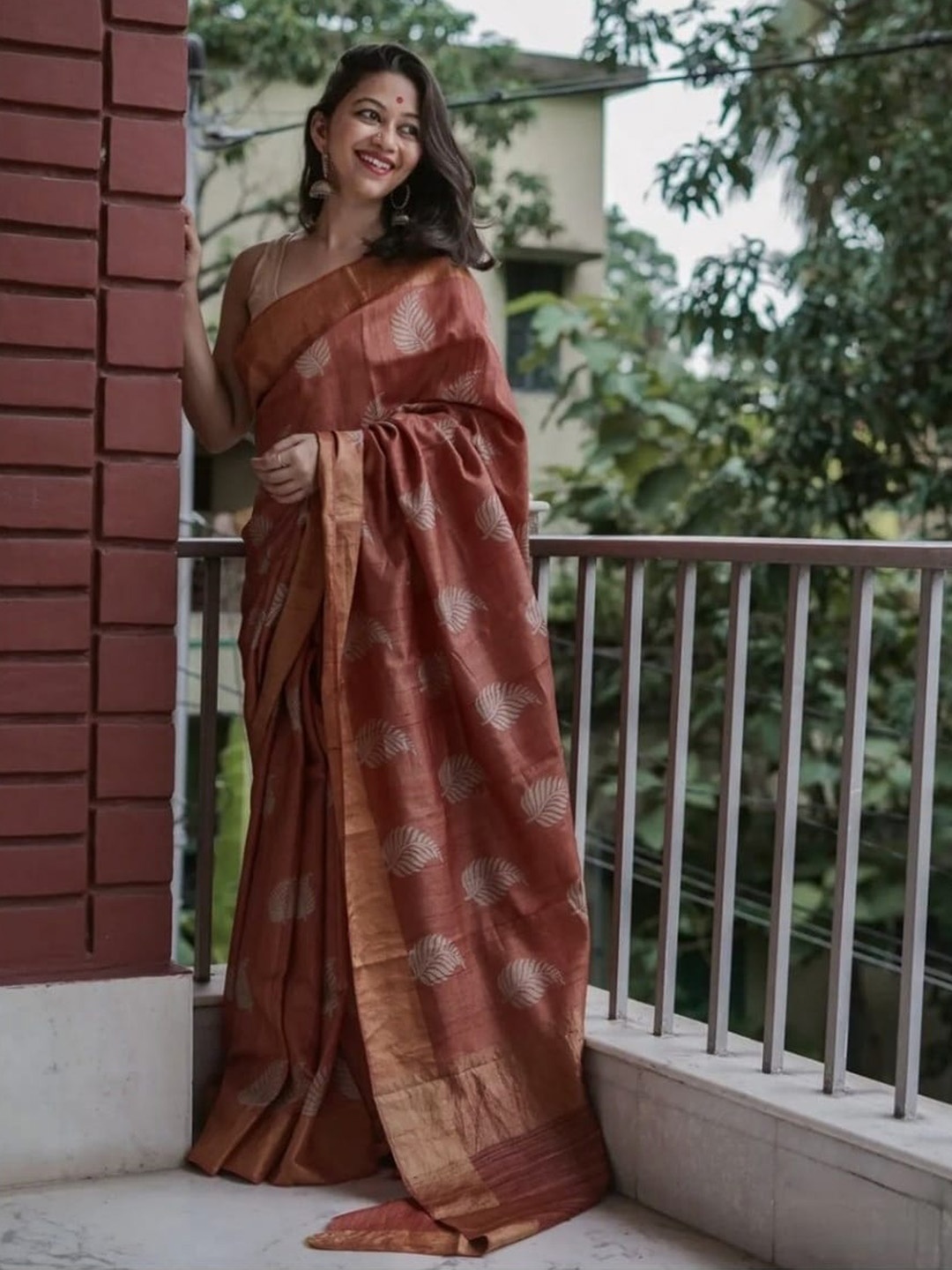 

bansari textiles Ethnic Motifs Printed Zari Designer Kanjeevaram Saree, Rust