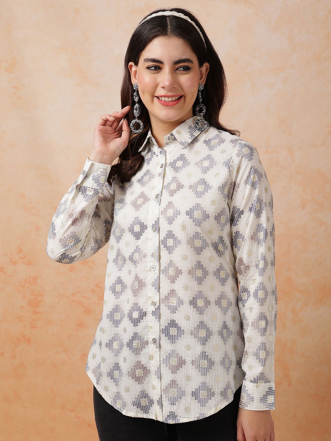

Anouk Women Straight Fit Spread Collar Geometric Printed Cotton Casual Shirt, Beige