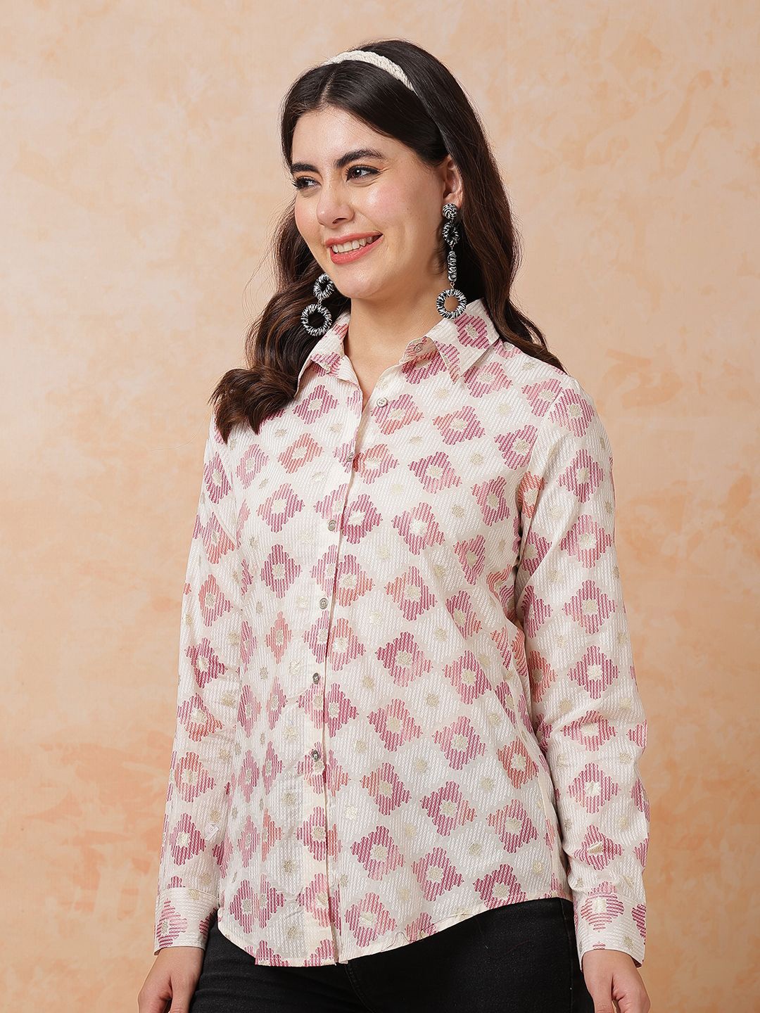 

Anouk Women Straight Fit Spread Collar Geometric Printed Cotton Casual Shirt, Beige