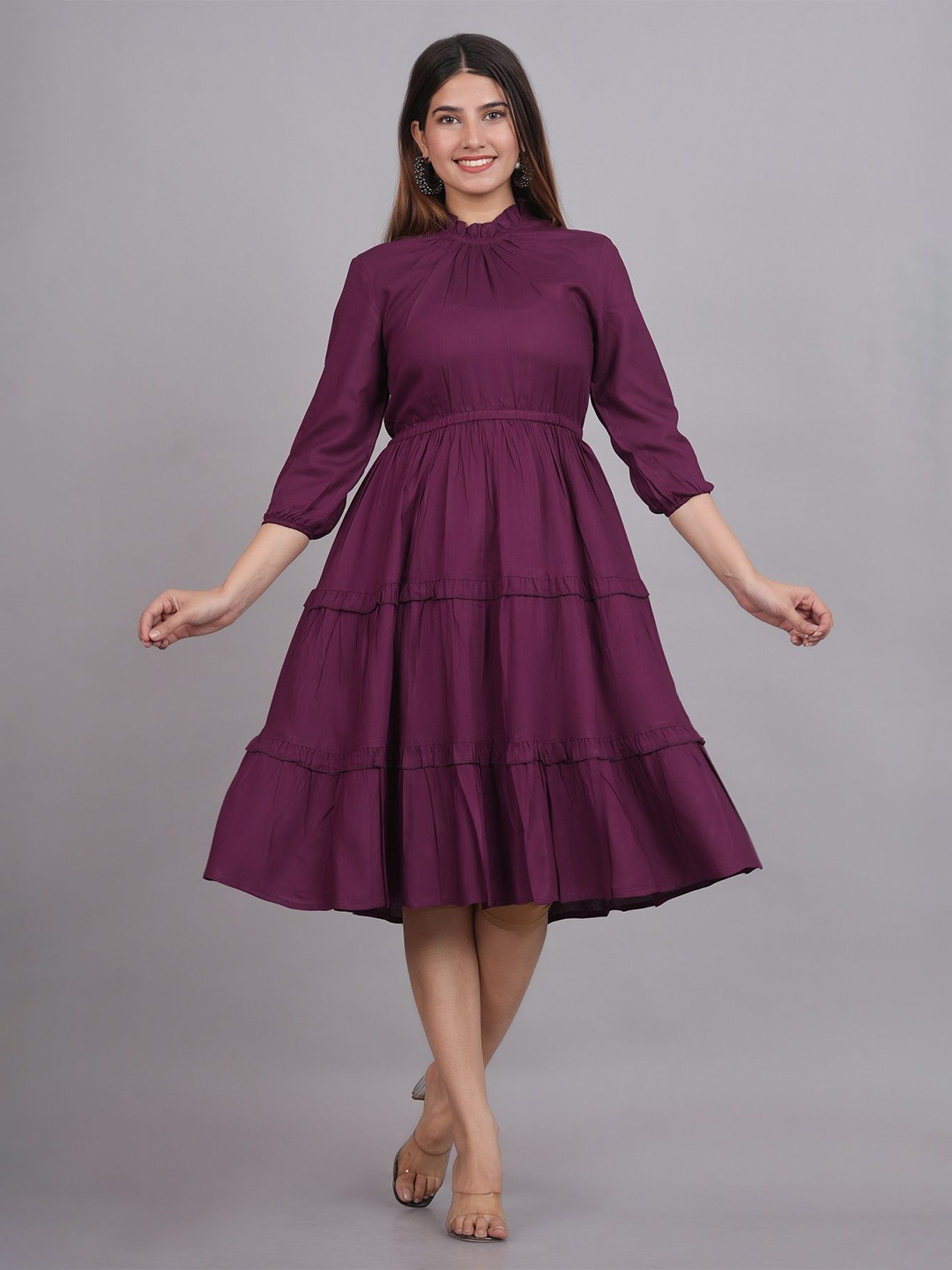 

NG FASHION Women Puff Sleeve Fit & Flare Midi Dress, Purple