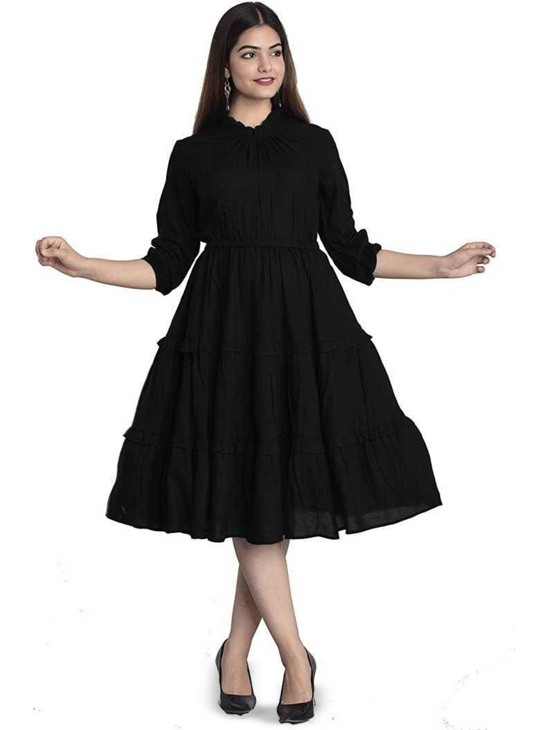 

NG FASHION Women Puff Sleeve Fit & Flare Midi Dress, Black