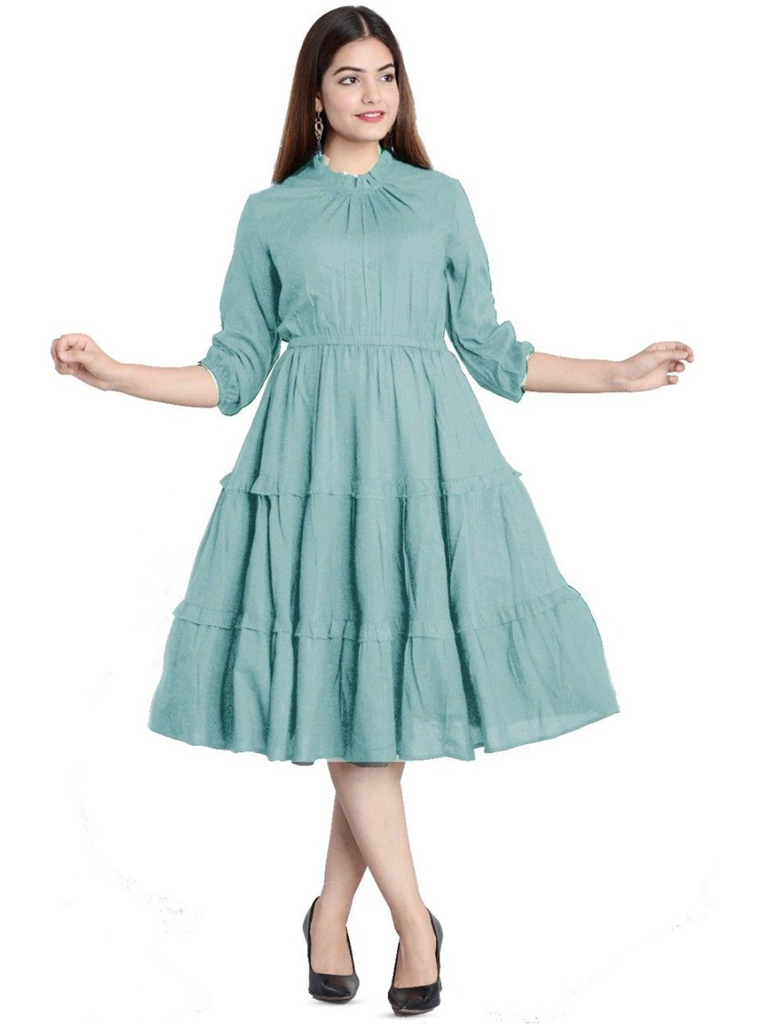 

NG FASHION Women Puff Sleeve Fit & Flare Midi Dress, Blue