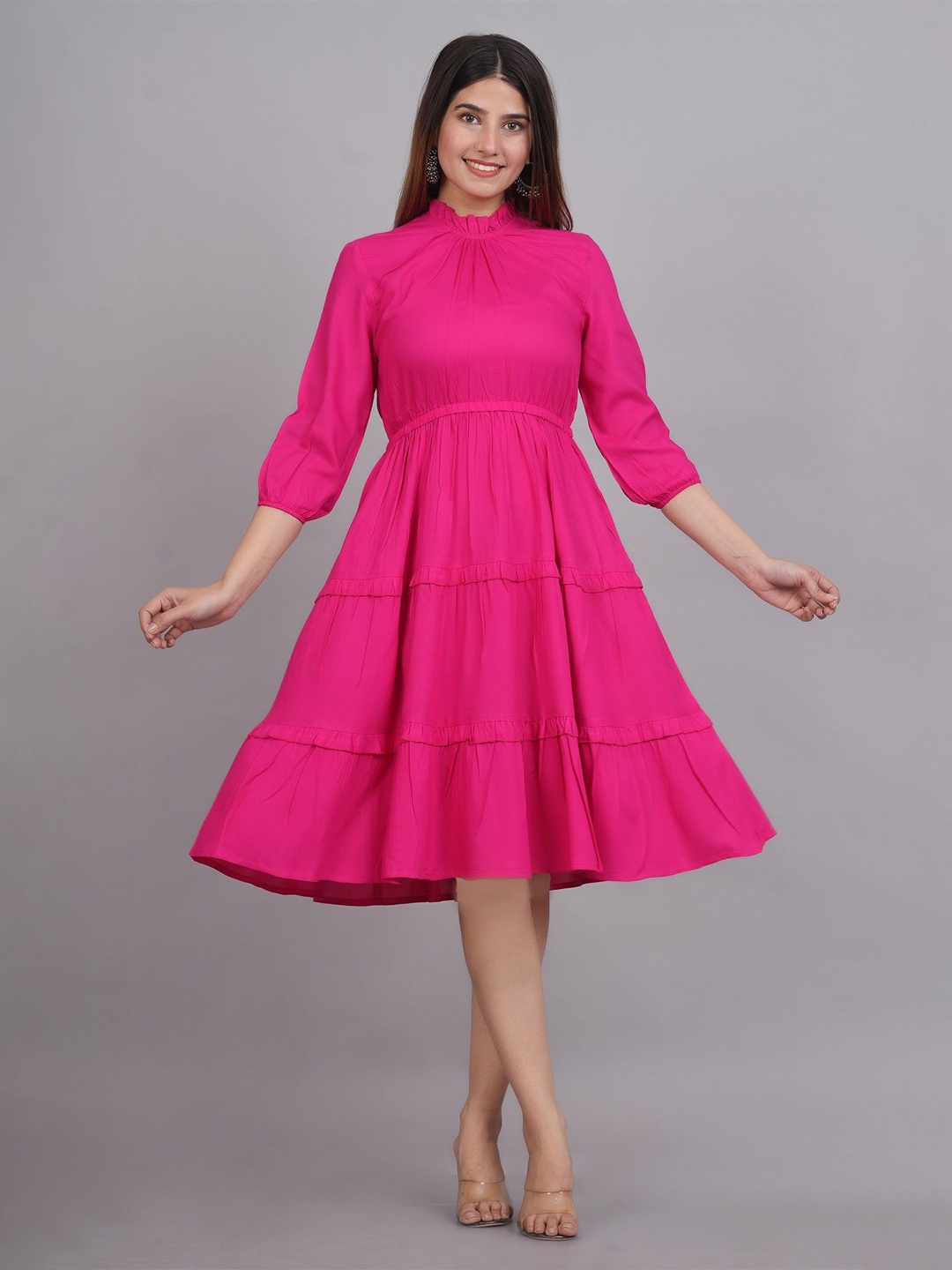 

NG FASHION Women Puff Sleeve Fit & Flare Midi Dress, Magenta