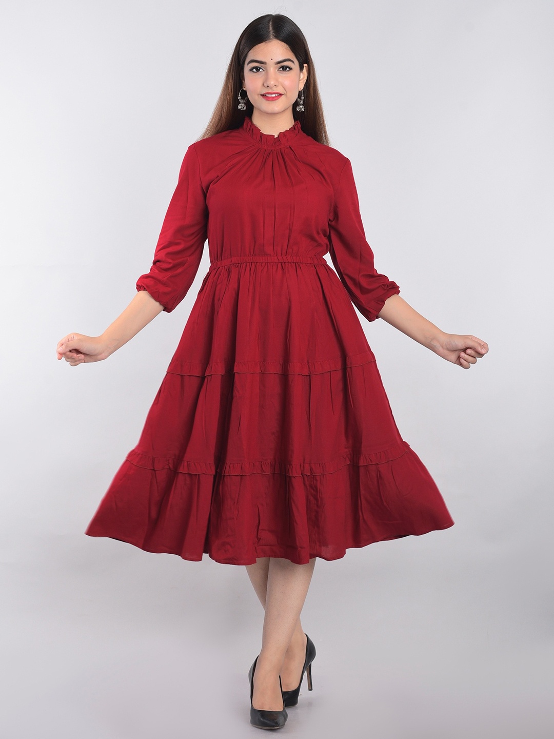 

NG FASHION Women Layered Fit & Flare Midi Dress, Maroon