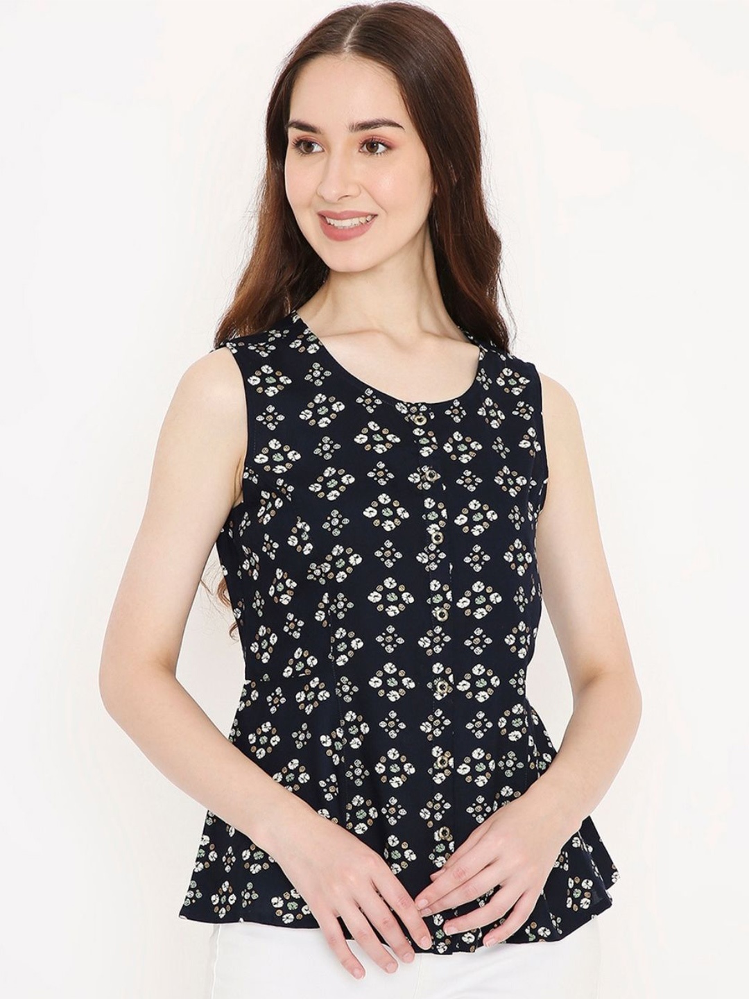 

Saffron Threads Women Bandhani Printed A-line Ethnic Top, Navy blue