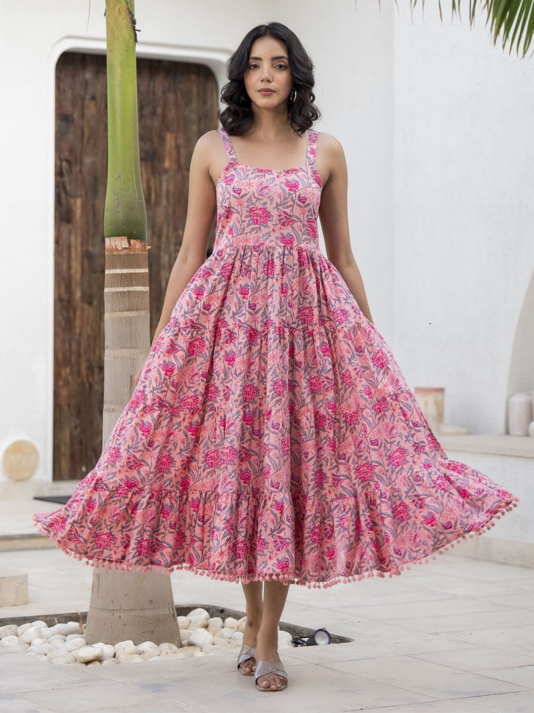 

KALINI Women Floral Printed Cotton Pom-Pom Detail Fit & Flare Dress, Pink