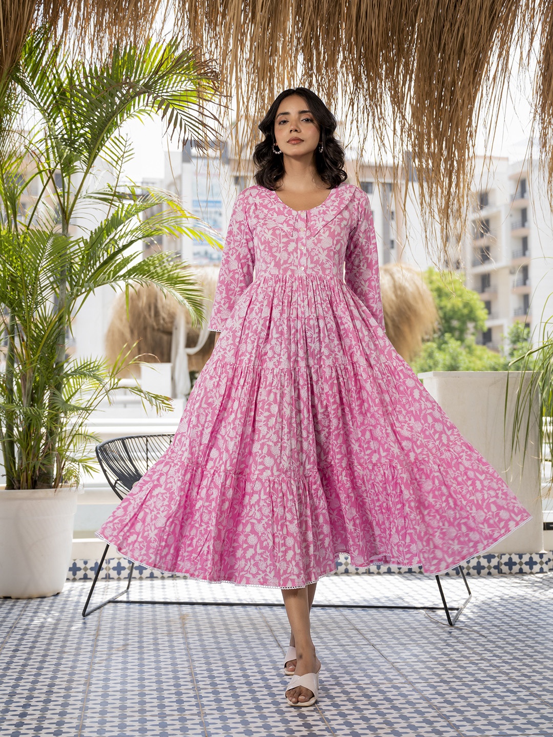 

KALINI Women Cotton Floral Printed Fit & Flare Dress, Pink