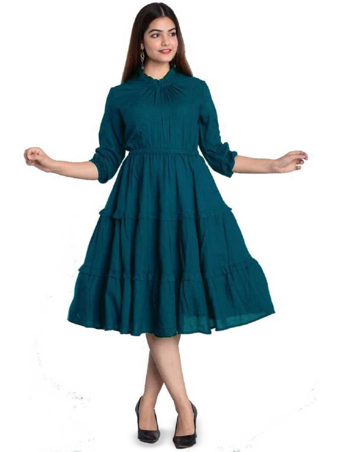 

NG FASHION Women Puff Sleeve Fit & Flare Midi Dress, Teal