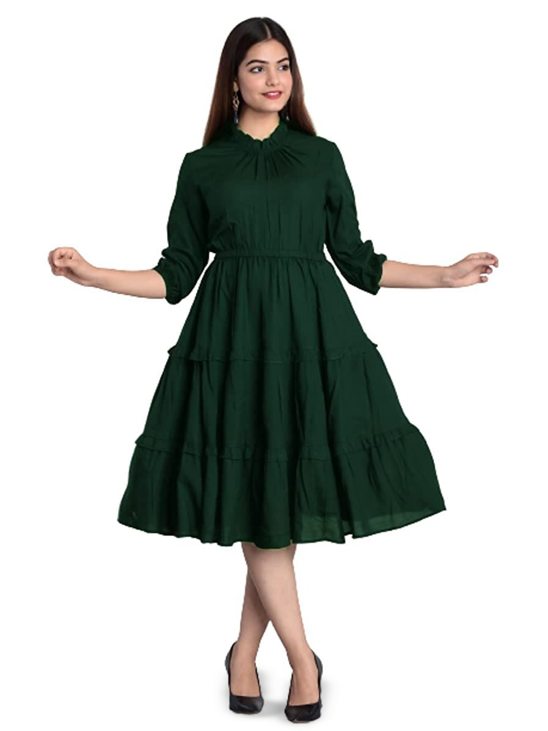 

NG FASHION Women Puff Sleeve Fit & Flare Midi Dress, Green