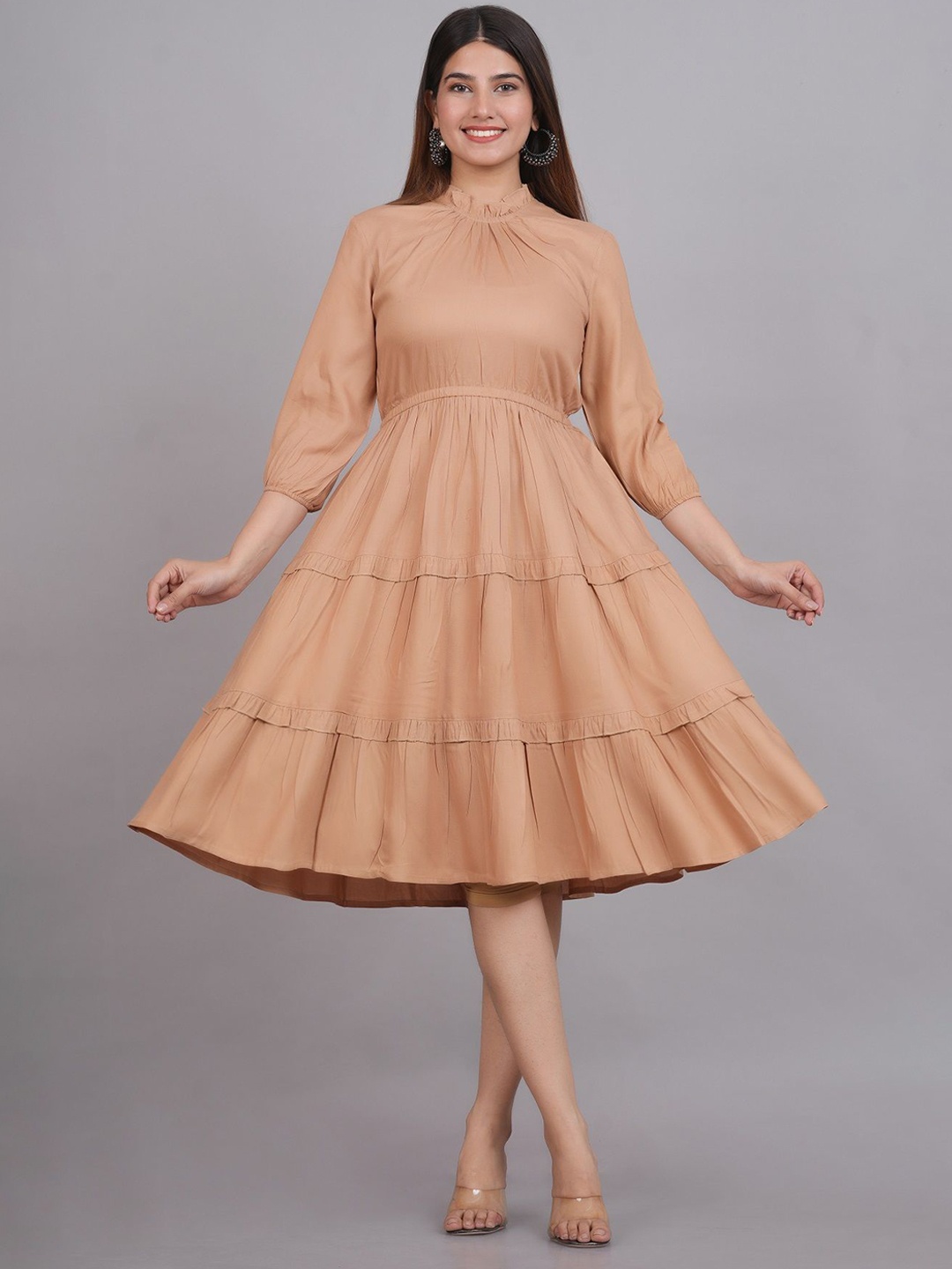 

NG FASHION Women Puff Sleeve Fit & Flare Midi Dress, Beige