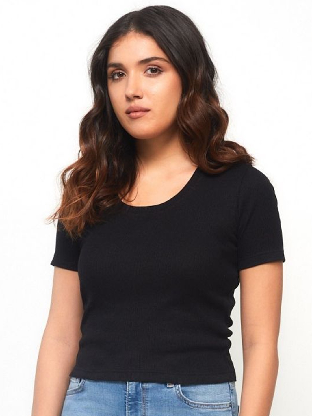 

Creatures of Habit Women Rib Scoop Neck Top, Black