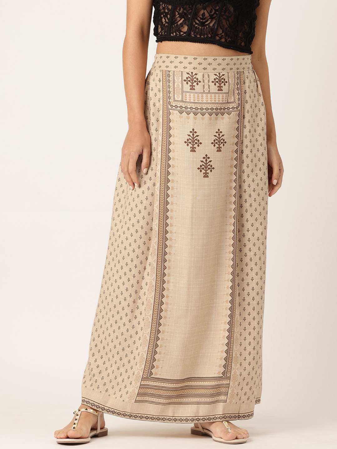 

Molcha Ethnic Motifs Printed Straight Maxi Skirt, Beige