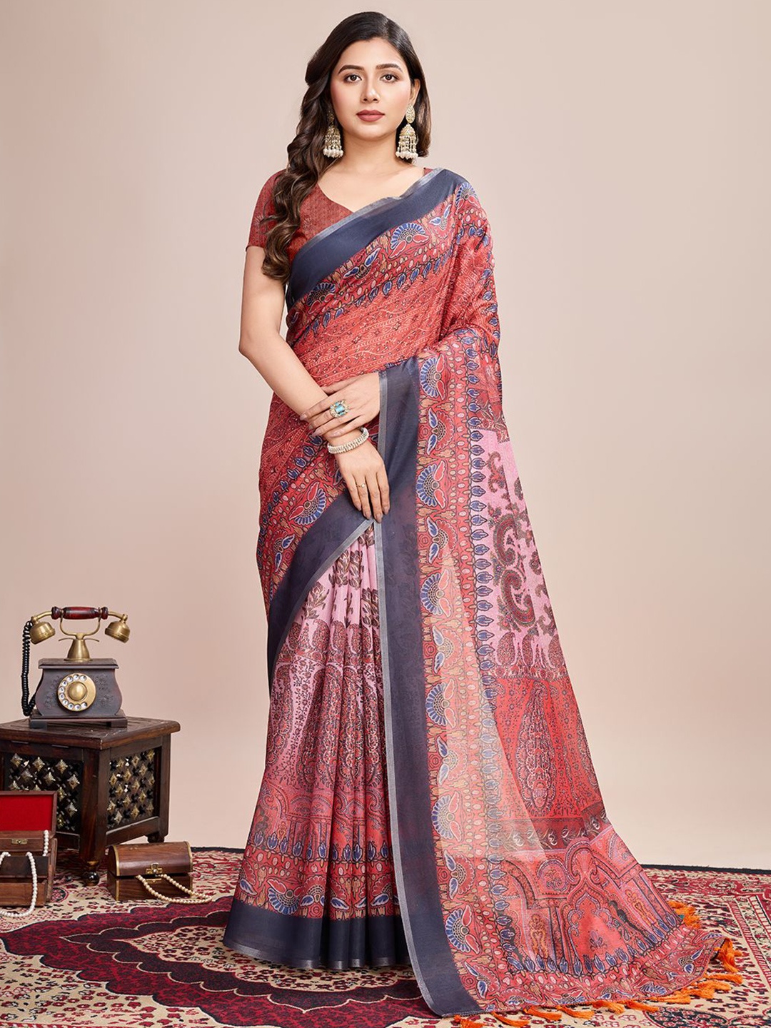 

Mitera Ethnic Motifs Printed Saree With Unstitched Blouse Piece, Red