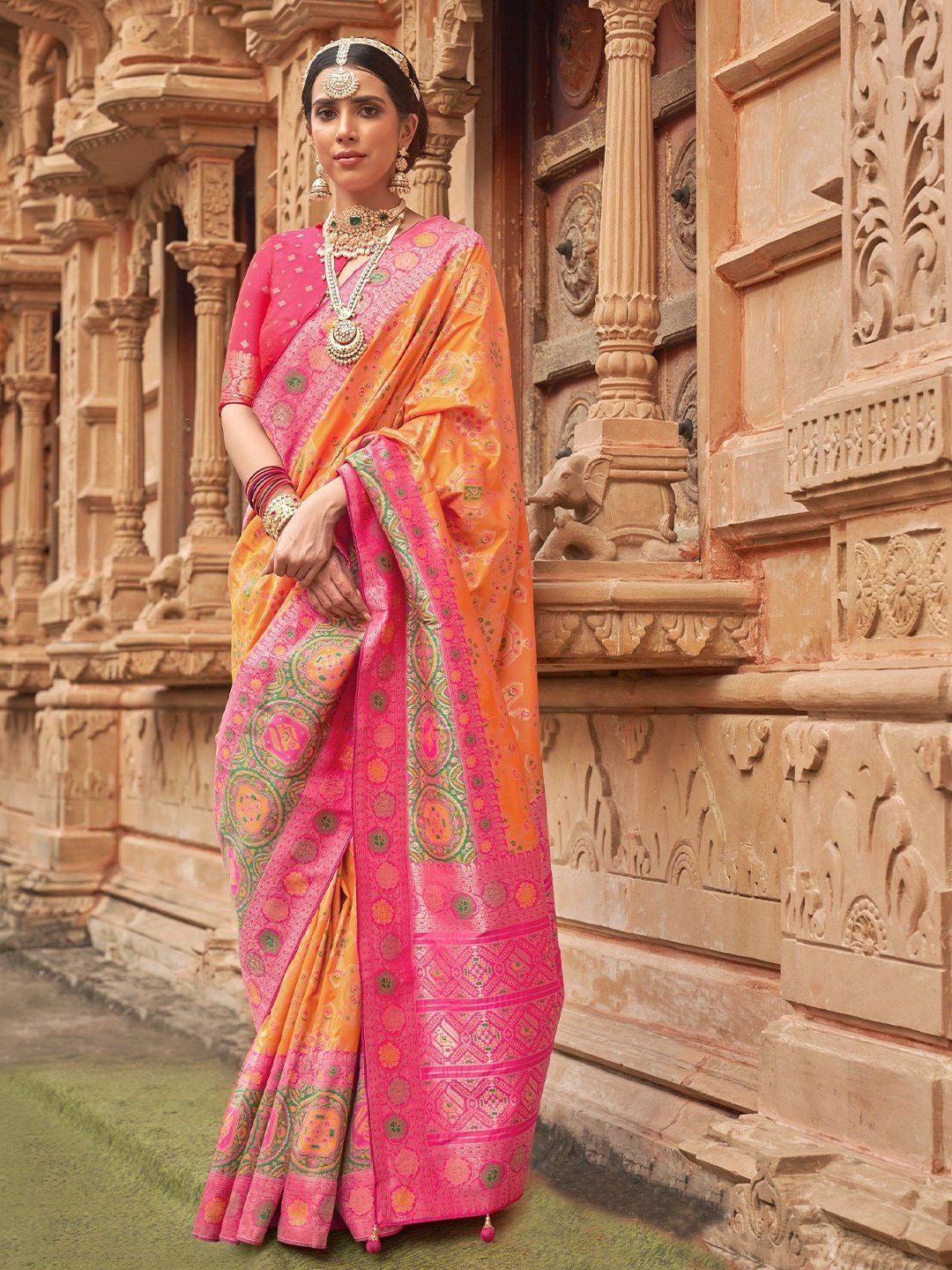 

MAHALASA Ethnic Motifs Zari Pure Silk Kanjeevaram Saree, Orange