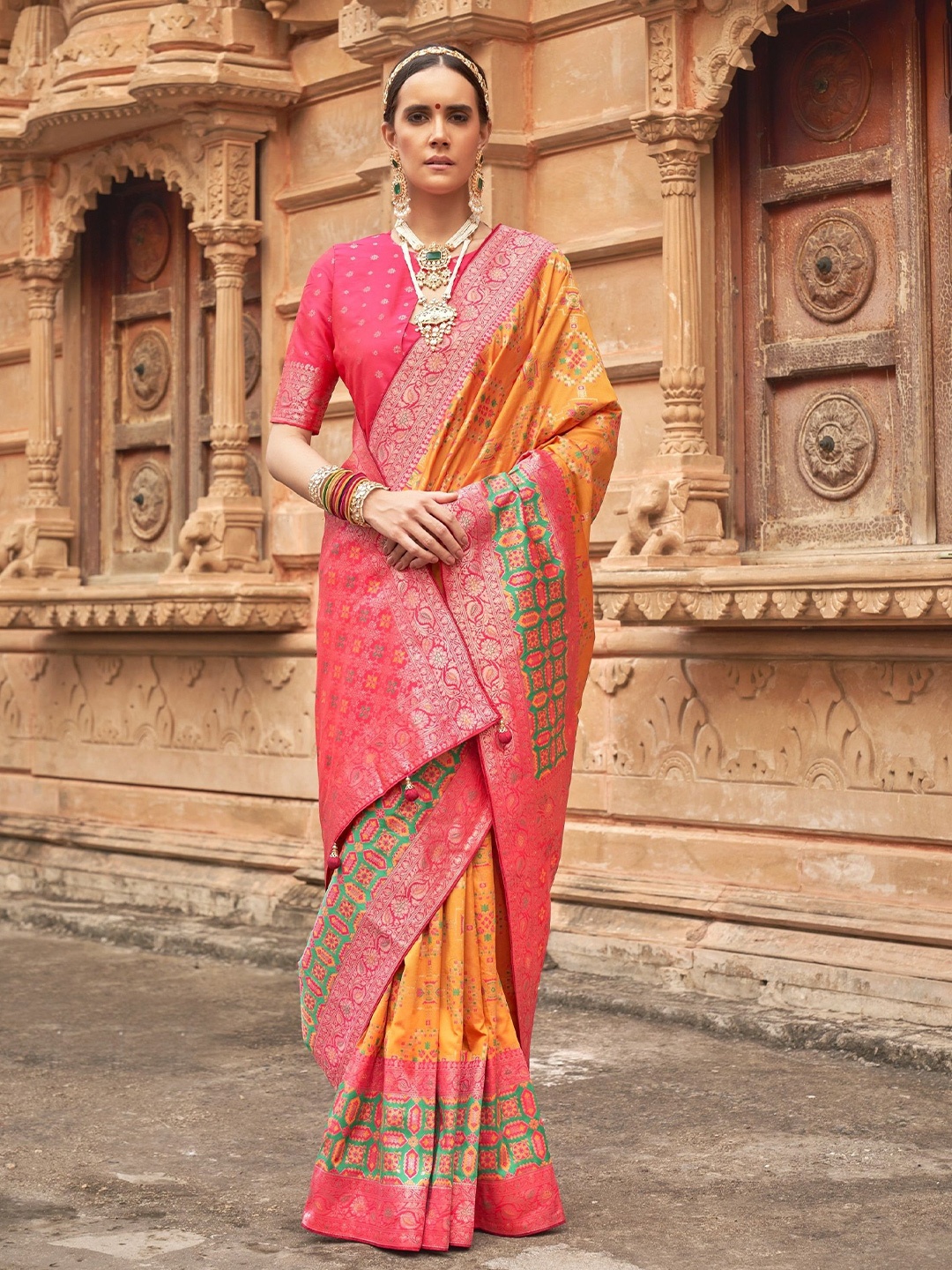 

MAHALASA Ethnic Motifs Zari Pure Silk Kanjeevaram Saree, Orange