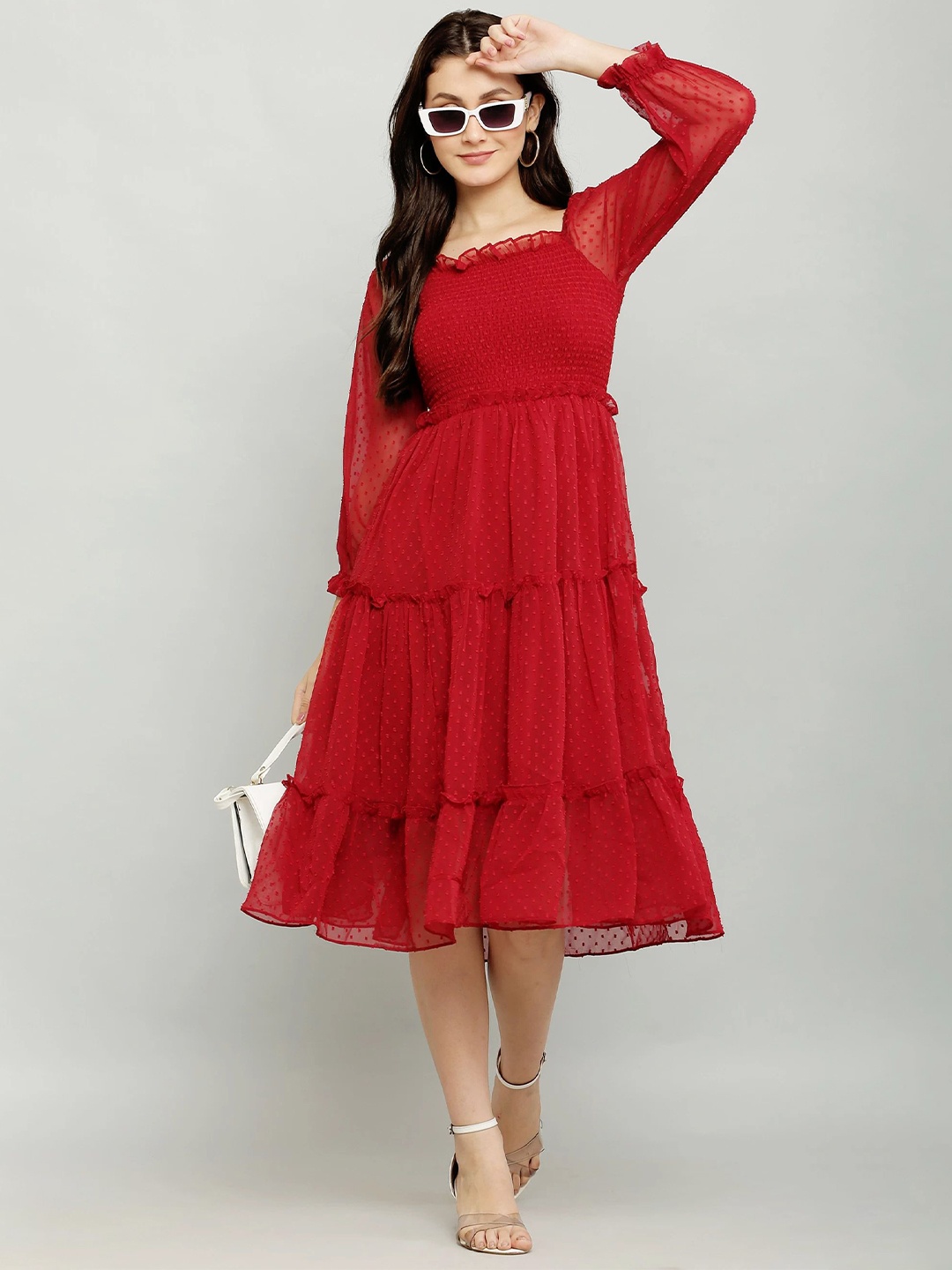 

Jitisha Women Self Design Cuffed Sleeve Fit & Flare Midi Dress, Red