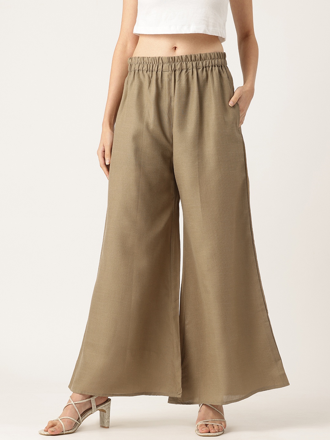 

Molcha Women Pure Cotton Flared Palazzos, Khaki