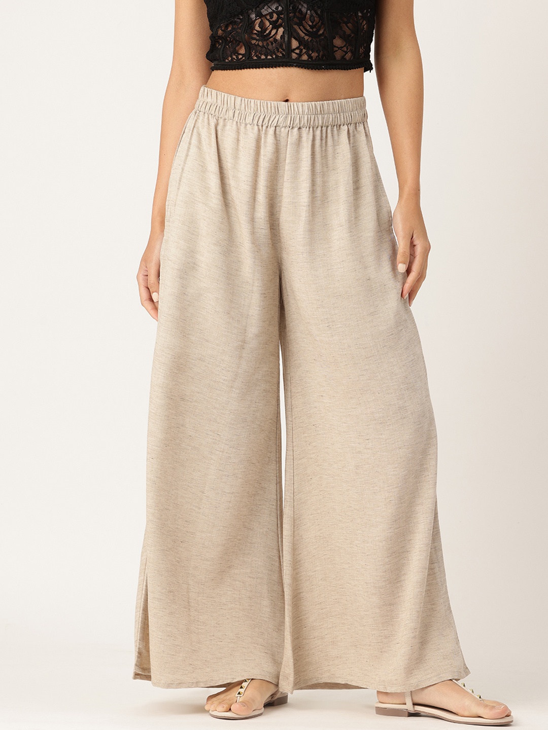 

Molcha Women Pure Cotton Flared Palazzos, Beige
