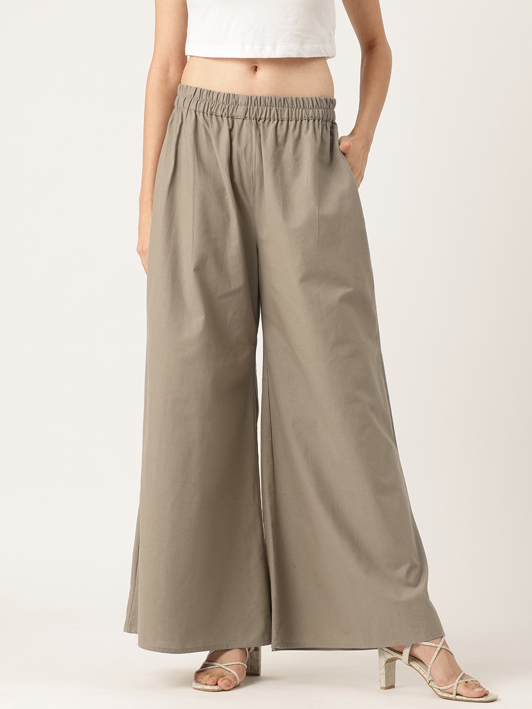 Molcha Women Pure Cotton Flared Palazzos, Grey