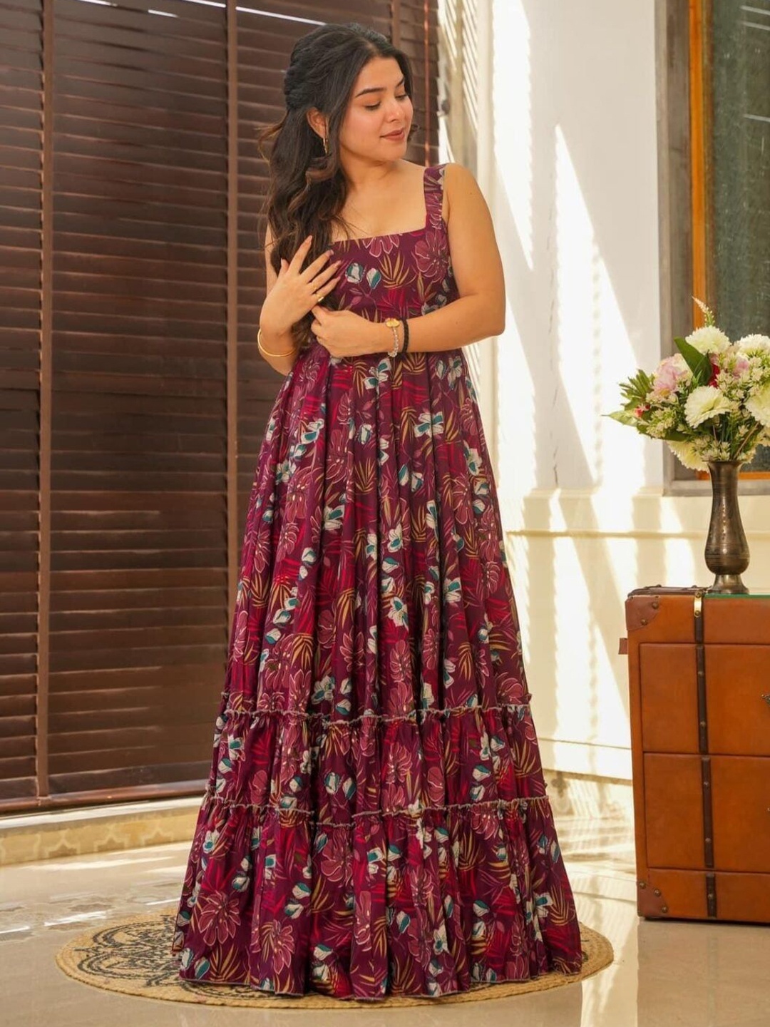 

WHATNOT STYLE Floral Printed Tiered Maxi Dress, Maroon