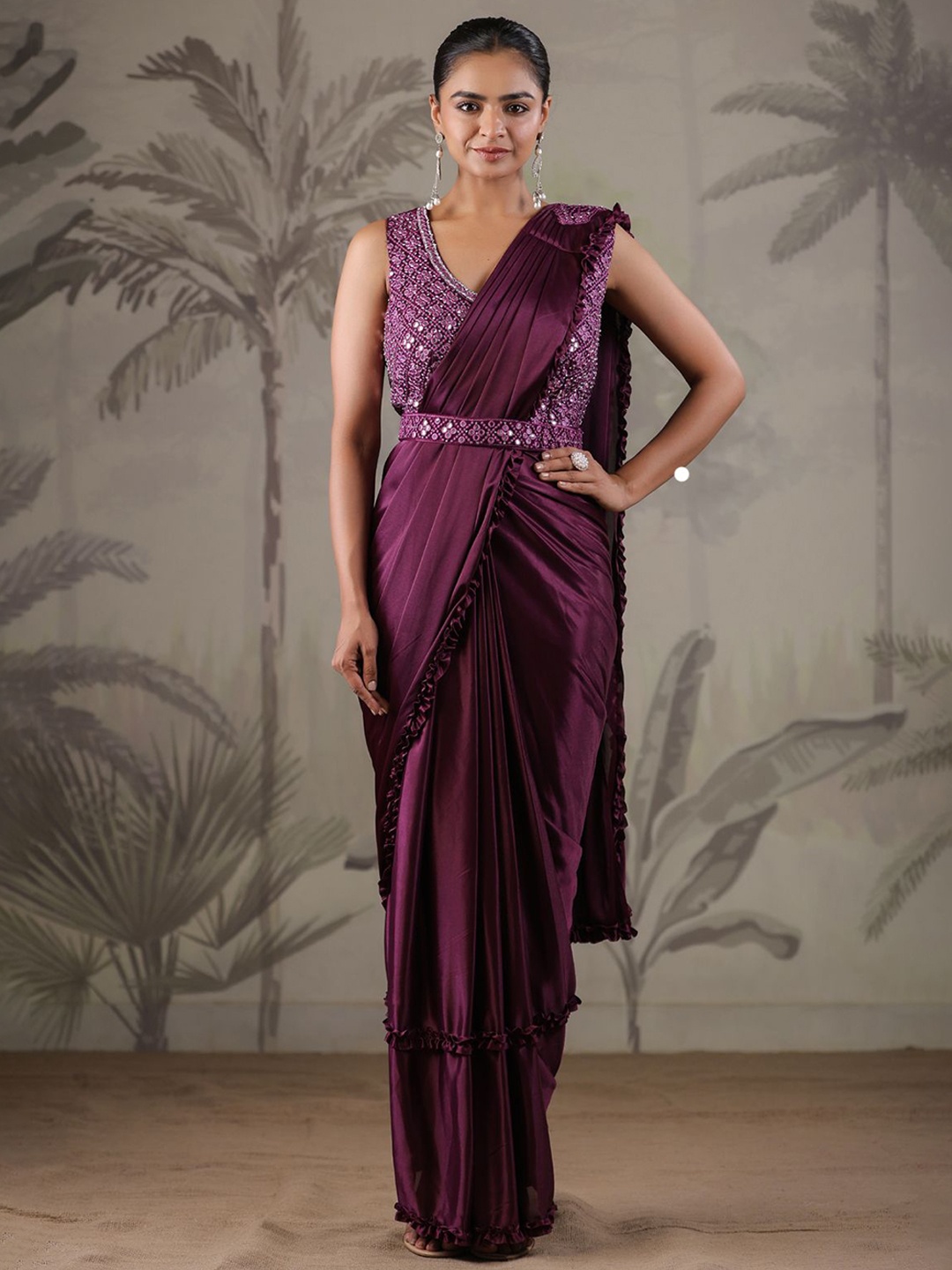 

Geroo Luxe Mirror Work Satin Ready to Wear Saree, Purple
