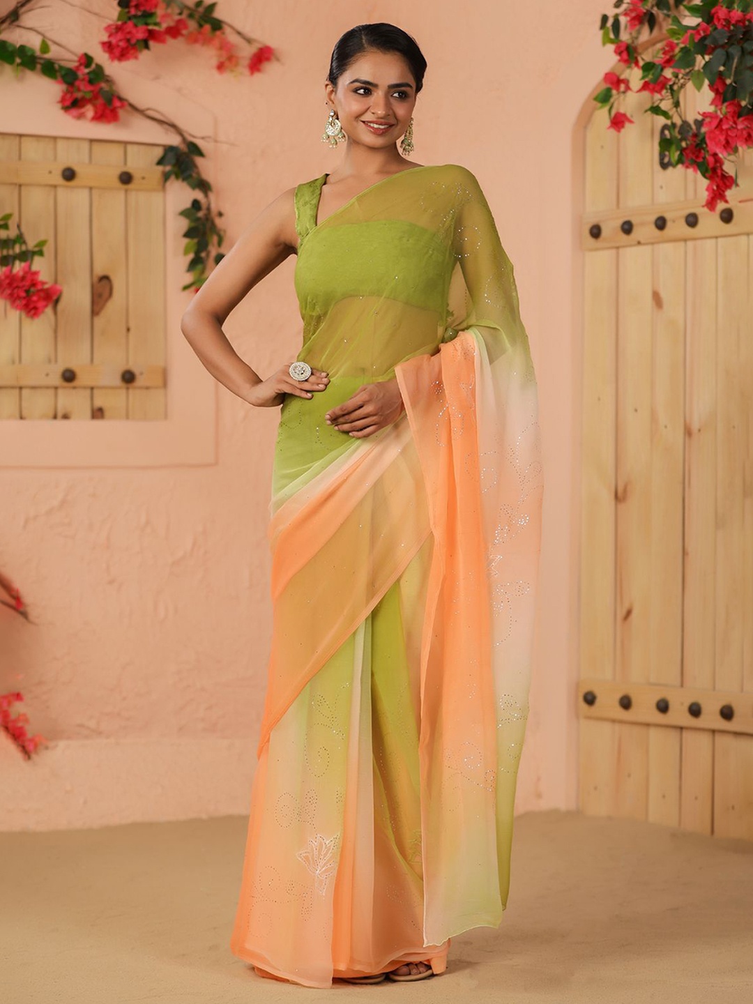 

Geroo Luxe Embellished Mukaish Pure Chiffon Holi Saree, Green