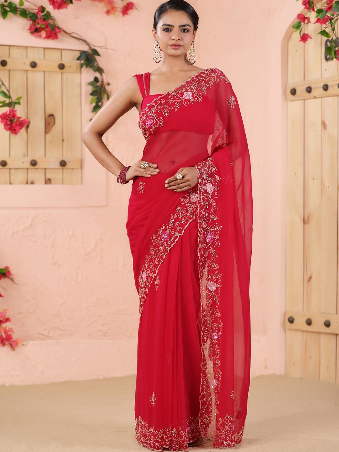 

Geroo Luxe Sequinned Pure Chiffon Saree, Pink