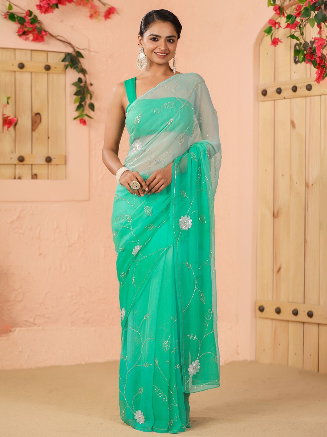

Geroo Luxe Sequinned Pure Chiffon Saree, Turquoise blue