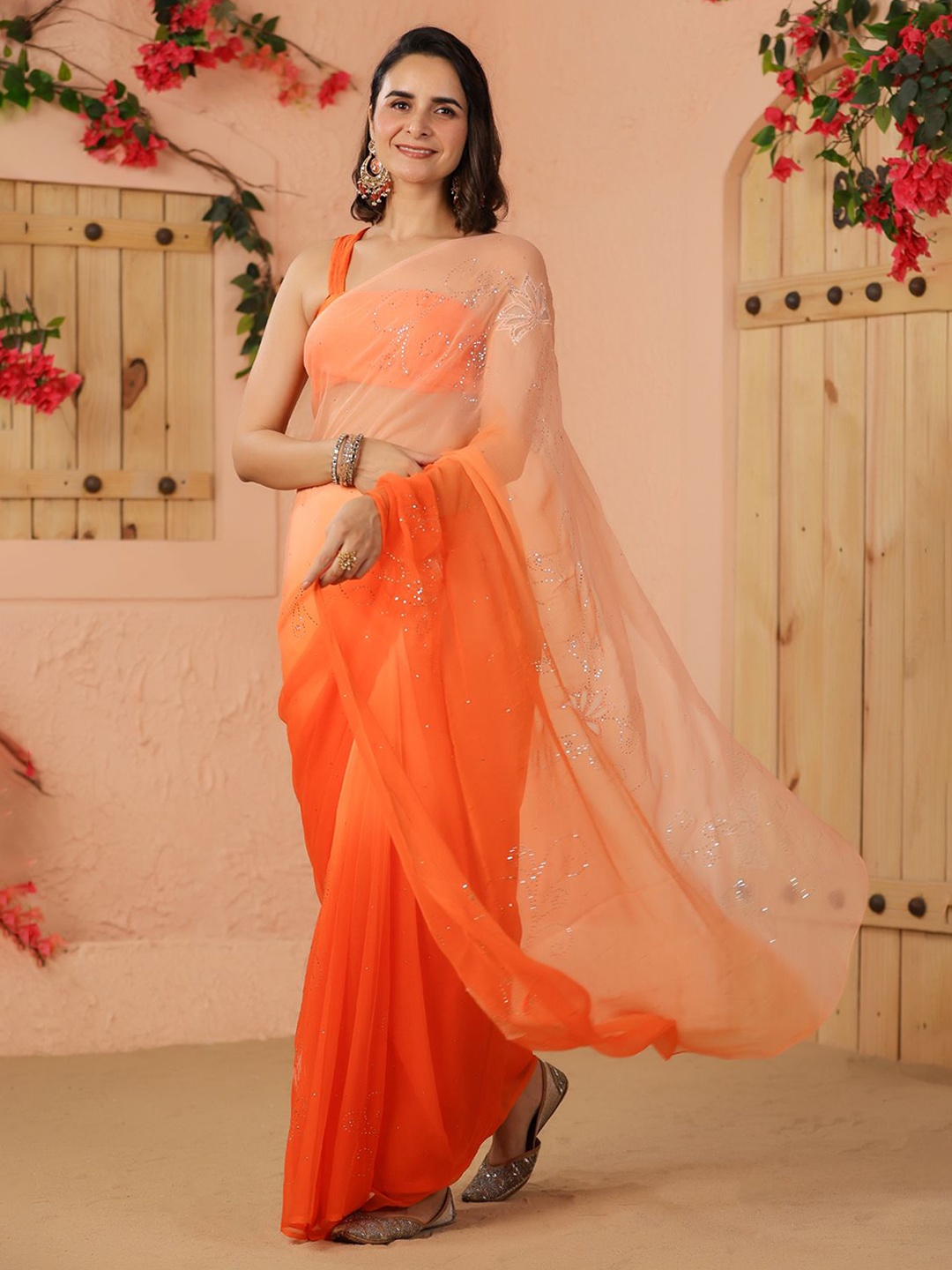 

Geroo Luxe Embellished Mukaish Pure Chiffon Saree, Orange