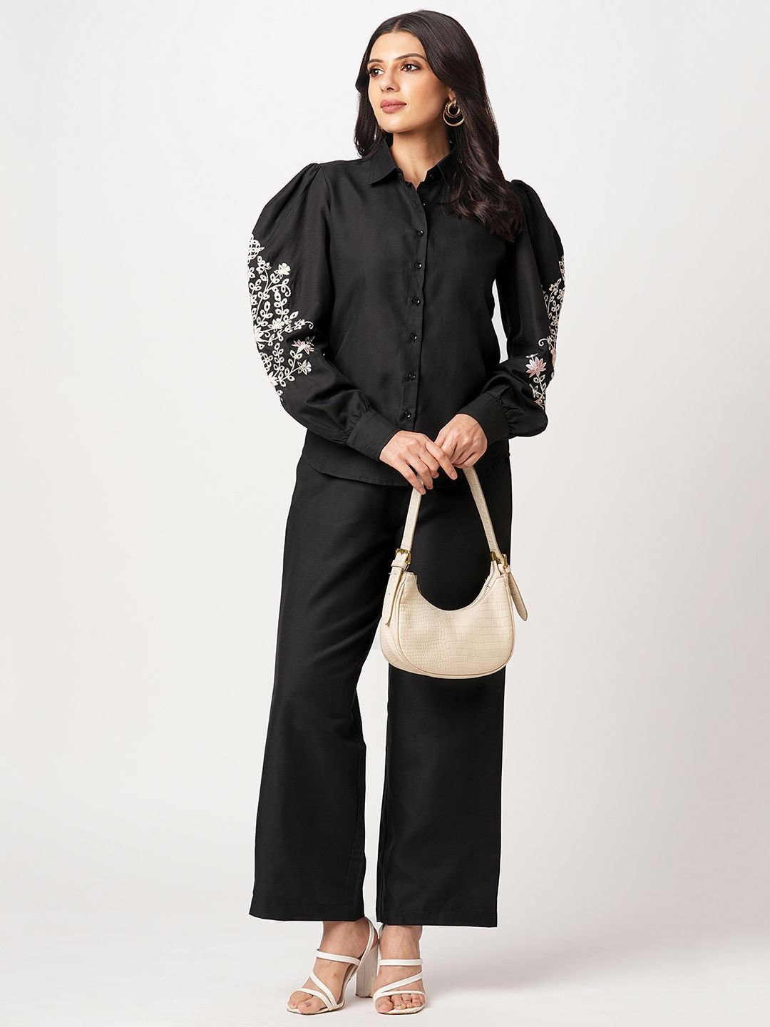 

Selvia Floral Embroidered Puffed Sleeves Shirt With Trousers, Black