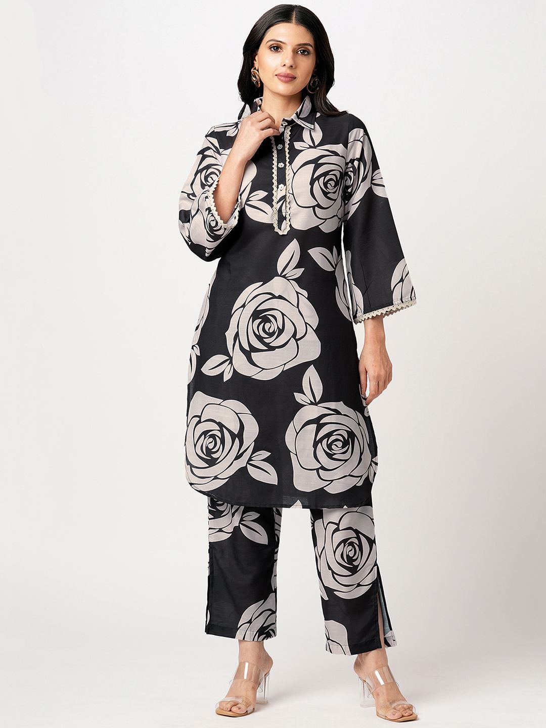 

Selvia Floral Printed Shirt Collar Tunic With Trousers, Black