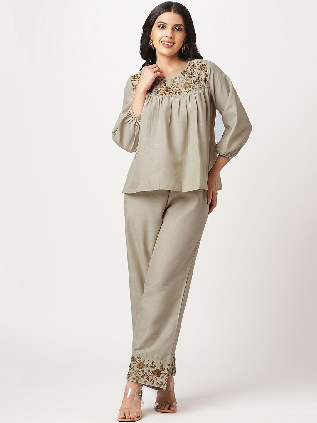 

Selvia Floral Embroidered Round Neck Top With Trousers, Beige