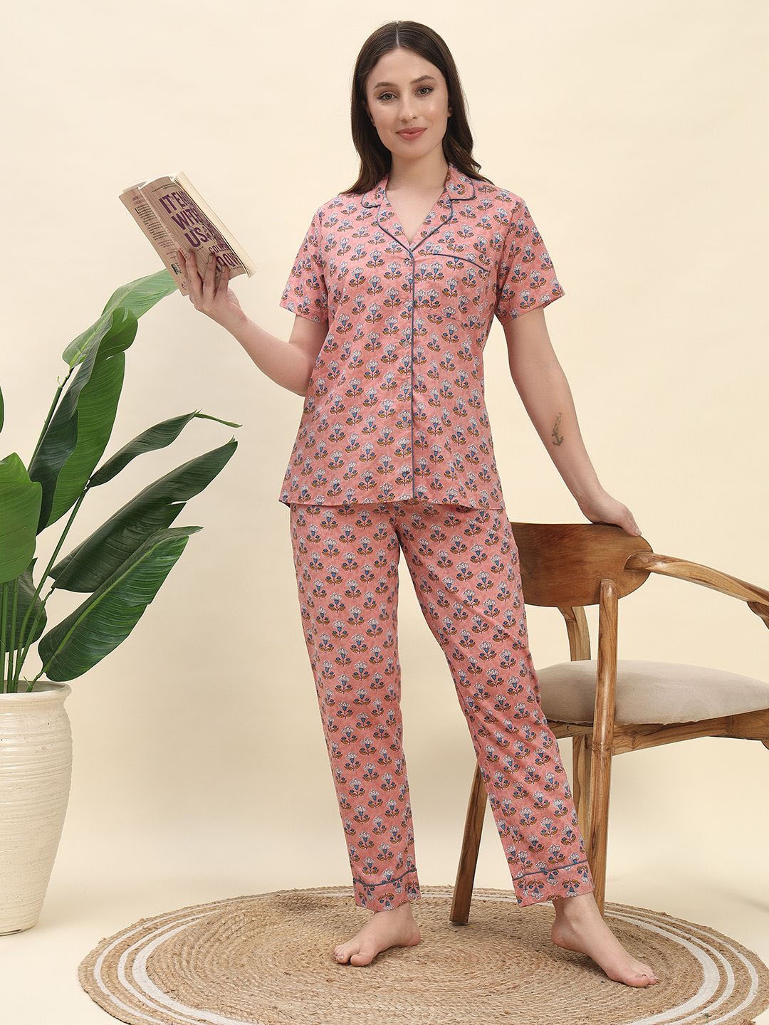 

Ameerah Floral Printed Lapel Collar Pure Cotton Shirt With Pyjamas, Peach