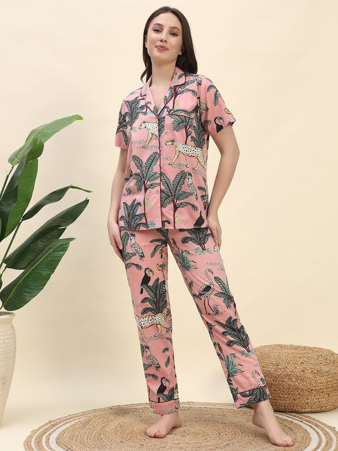 

Ameerah Tropical Printed Lapel Collar Pure Cotton Shirt With Pyjamas, Peach