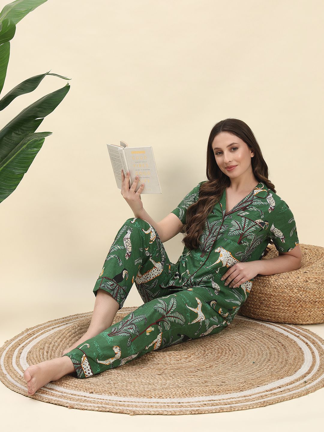 

Ameerah Tropical Printed Lapel Collar Pure Cotton Shirt With Pyjamas, Green