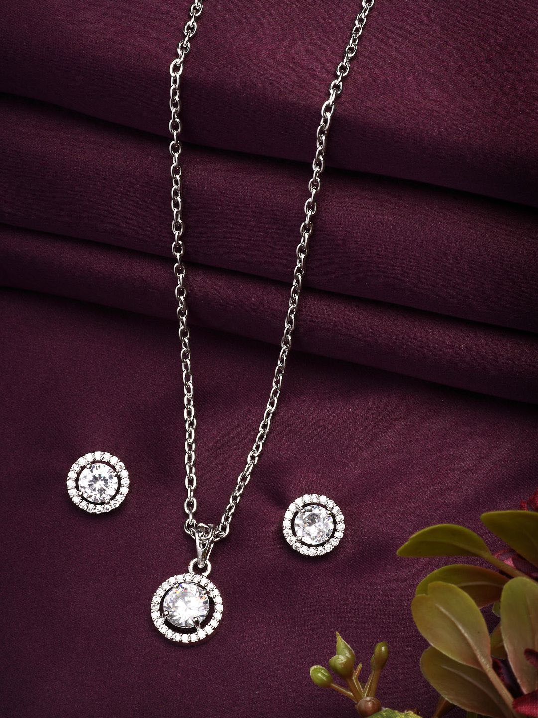 

ZENEME Rhodium Plated Luxury AD Princess Cut Round Pendant with Earrings Set, Silver