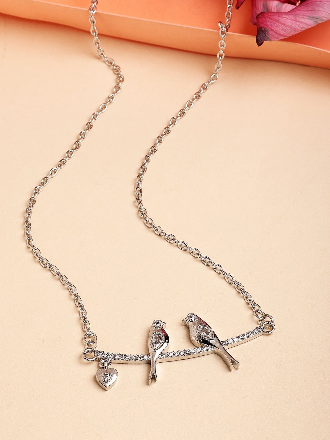 

ZENEME Rhodium-Plated Stylish Lovebird Western Pendant With Chain, Silver