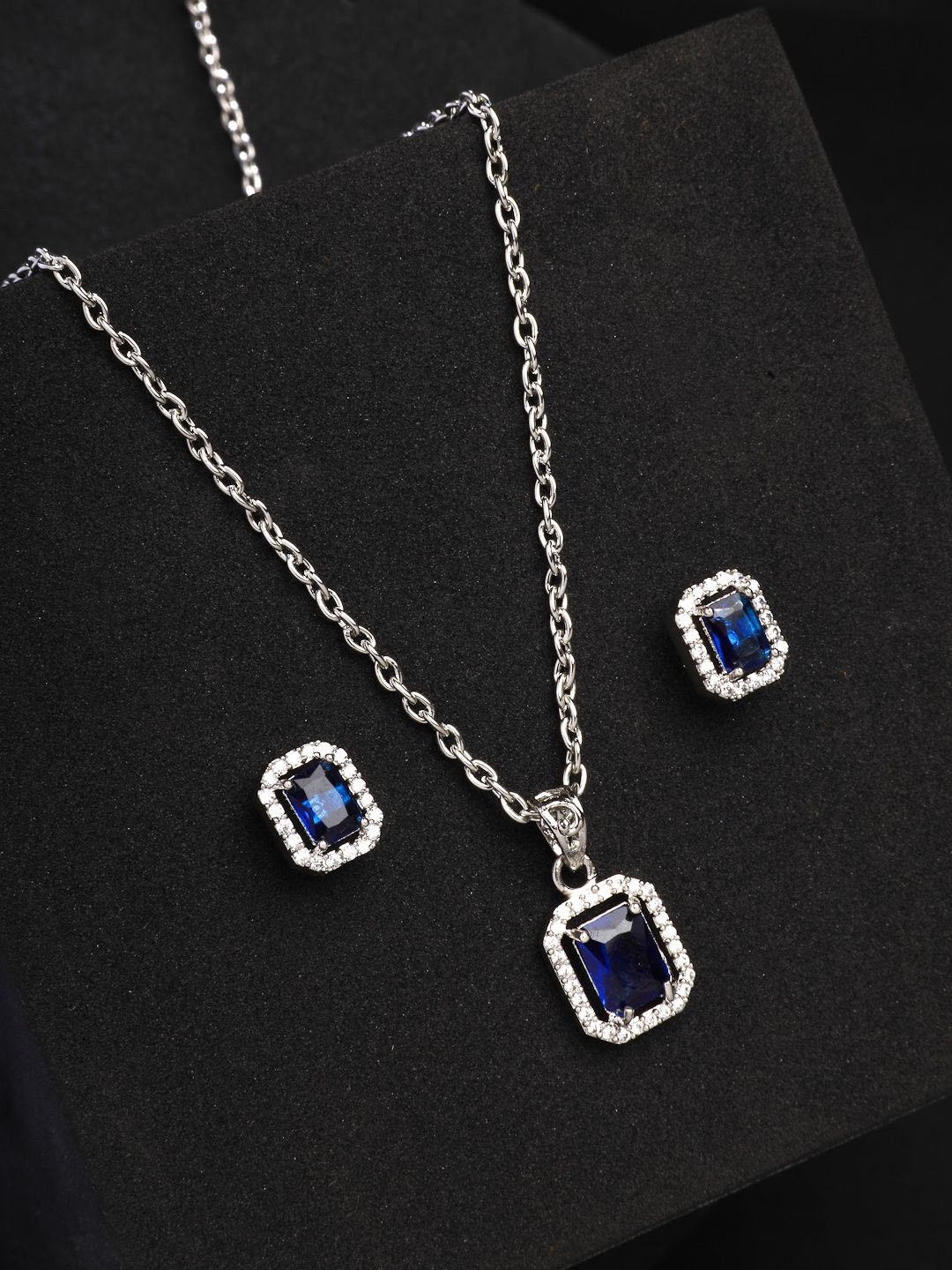 

ZENEME Rhodium Plated Luxury AD Princess Square Cut Blue Pendant with Earrings Set, Silver