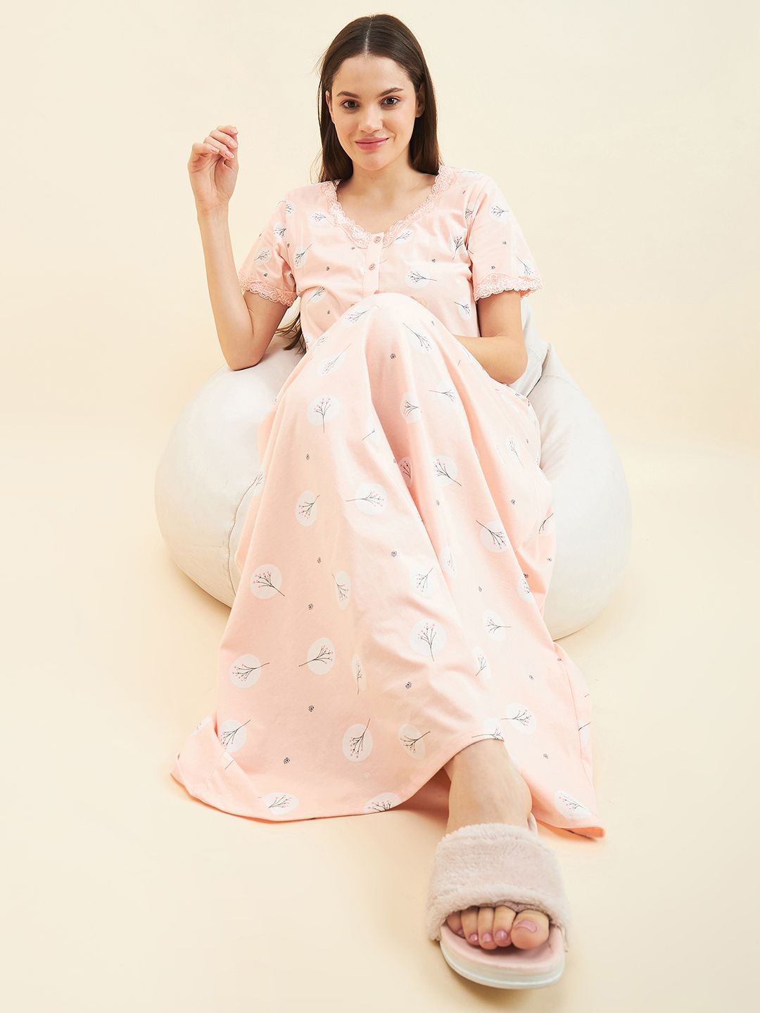 

Sweet Dreams Women Printed Maxi Nightdress, Peach