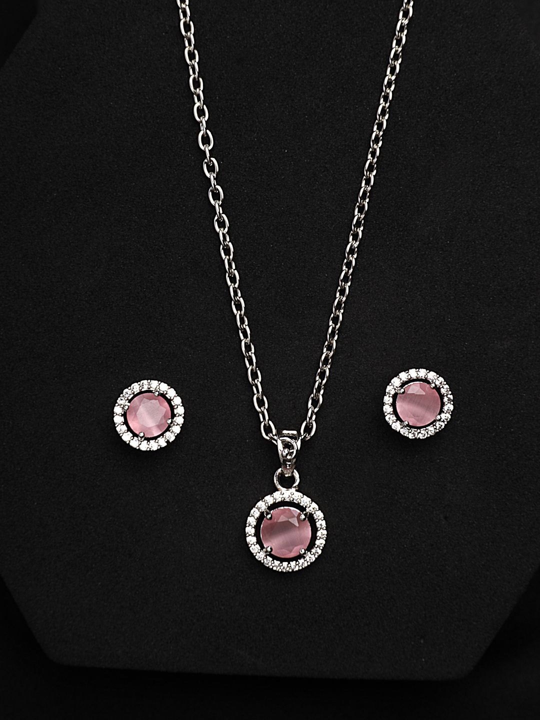 

ZENEME Rhodium Plated Luxury AD Princess Cut Round Pink Pendant with Earrings Set, Silver