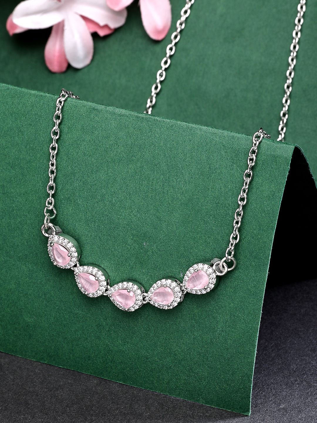

ZENEME Rhodium-Plated Pink Sparkle Charm Pendant With Chain, Silver