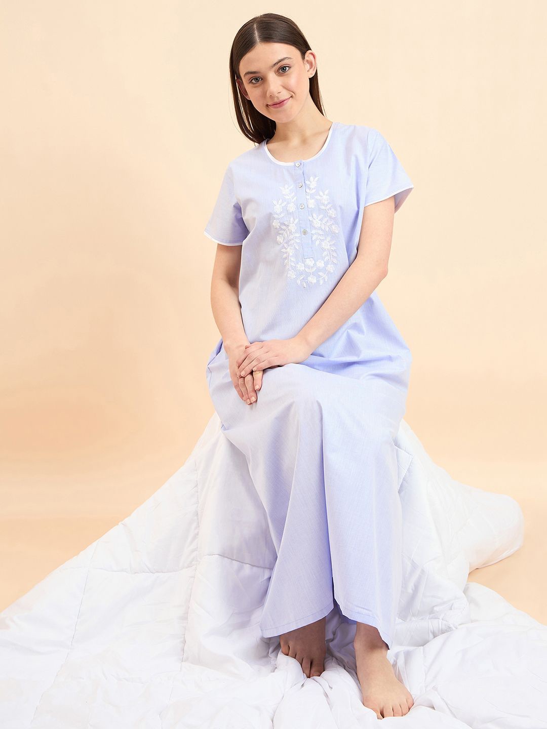 

Sweet Dreams Women Embroidered Pure Cotton Maxi Nightdress, Blue