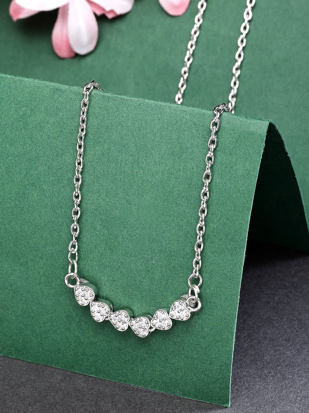 

ZENEME Rhodium-Plated Luxury Heart Charm Pendant With Chain, Silver