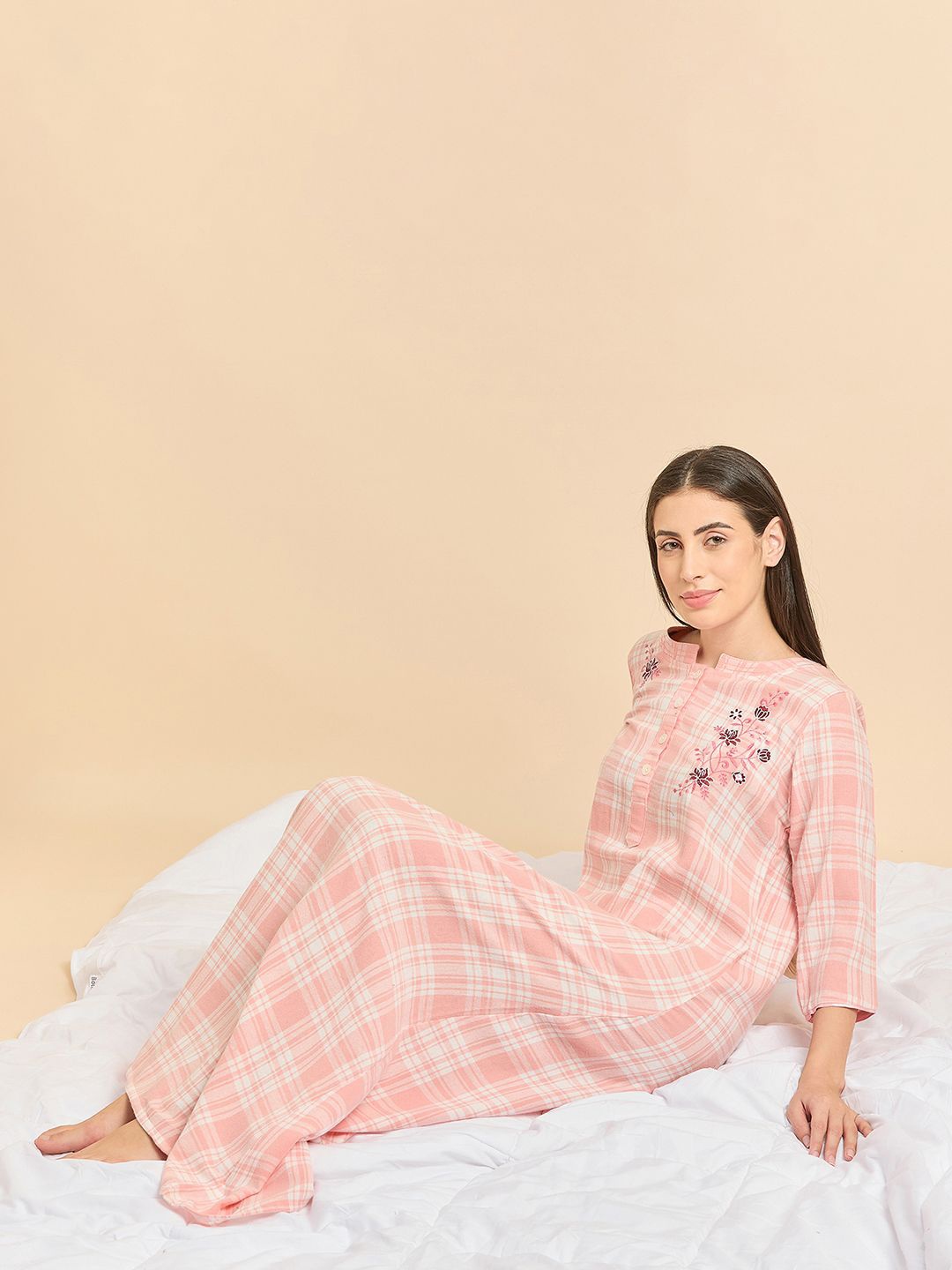 

Sweet Dreams Women Embroidered Pure Cotton Maxi Nightdress, Peach