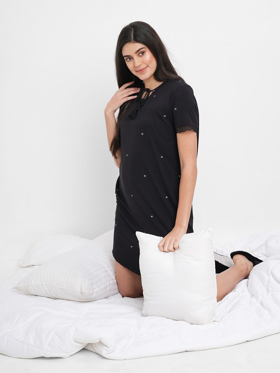 

Sweet Dreams Women Printed Nightdress, Black