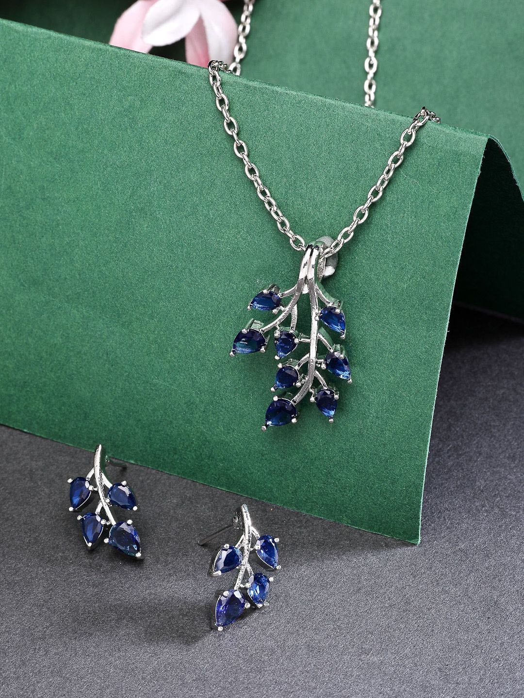 

ZENEME Rhodium Plated Shimmery Blue Leaf Pendant & Earring Set, Silver