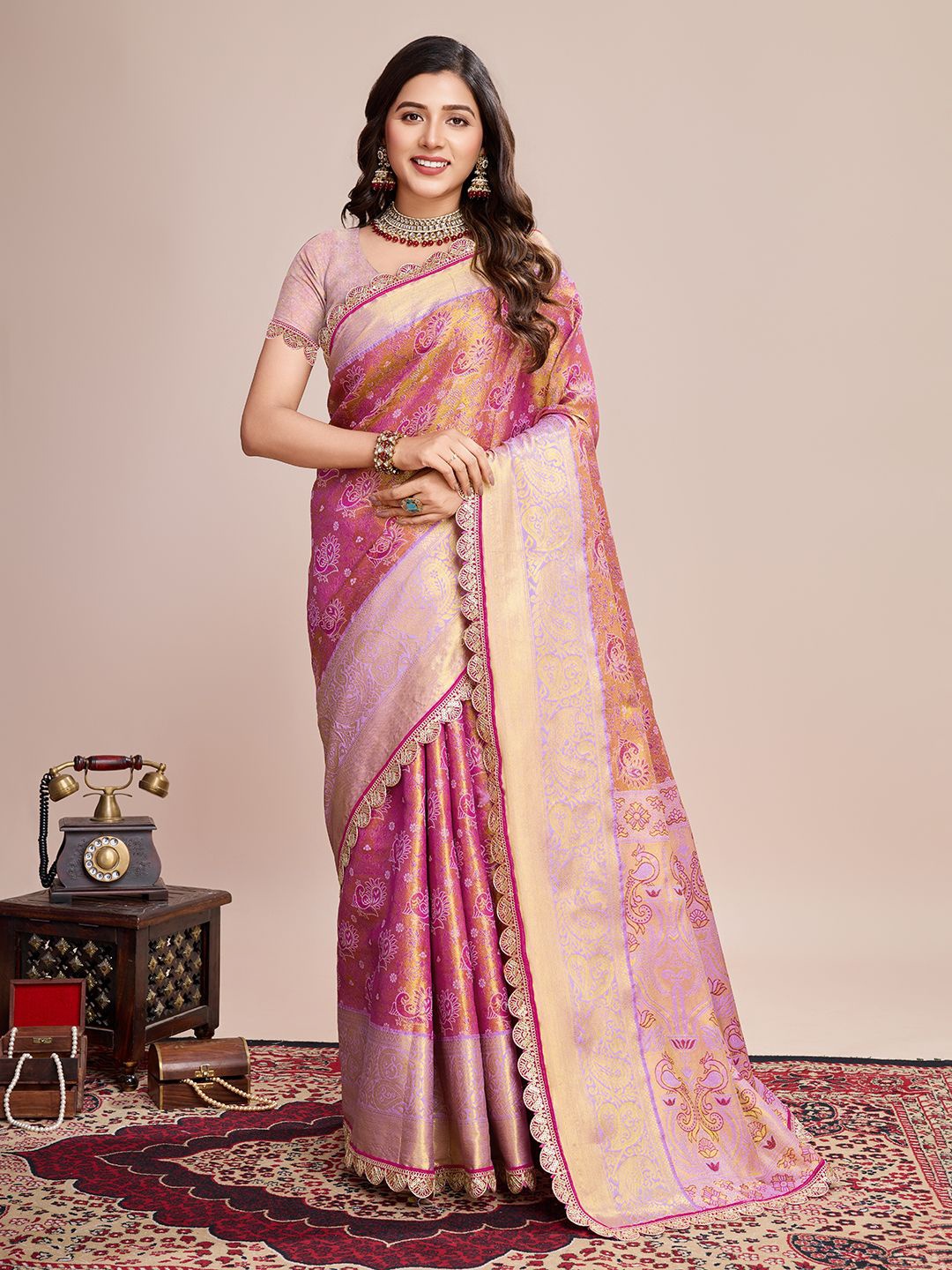 

Mitera Ethnic Motifs Woven Design Sequinned Kanjeevaram Saree, Pink
